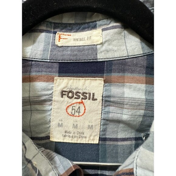 2/$30 Fossil 54 Vintage Fit Plaid Pearl Snap Button Up Shirt Mens M Blue Western - Picture 6 of 9